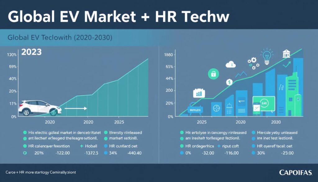 Infographic showing growth trends in global EV market and HR technology adoption from 2020-2030